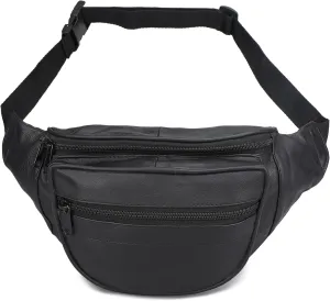 Leatherboss Genuine Leather Designer Travel Fanny Pack Holder Bag with Waist Belt, Black