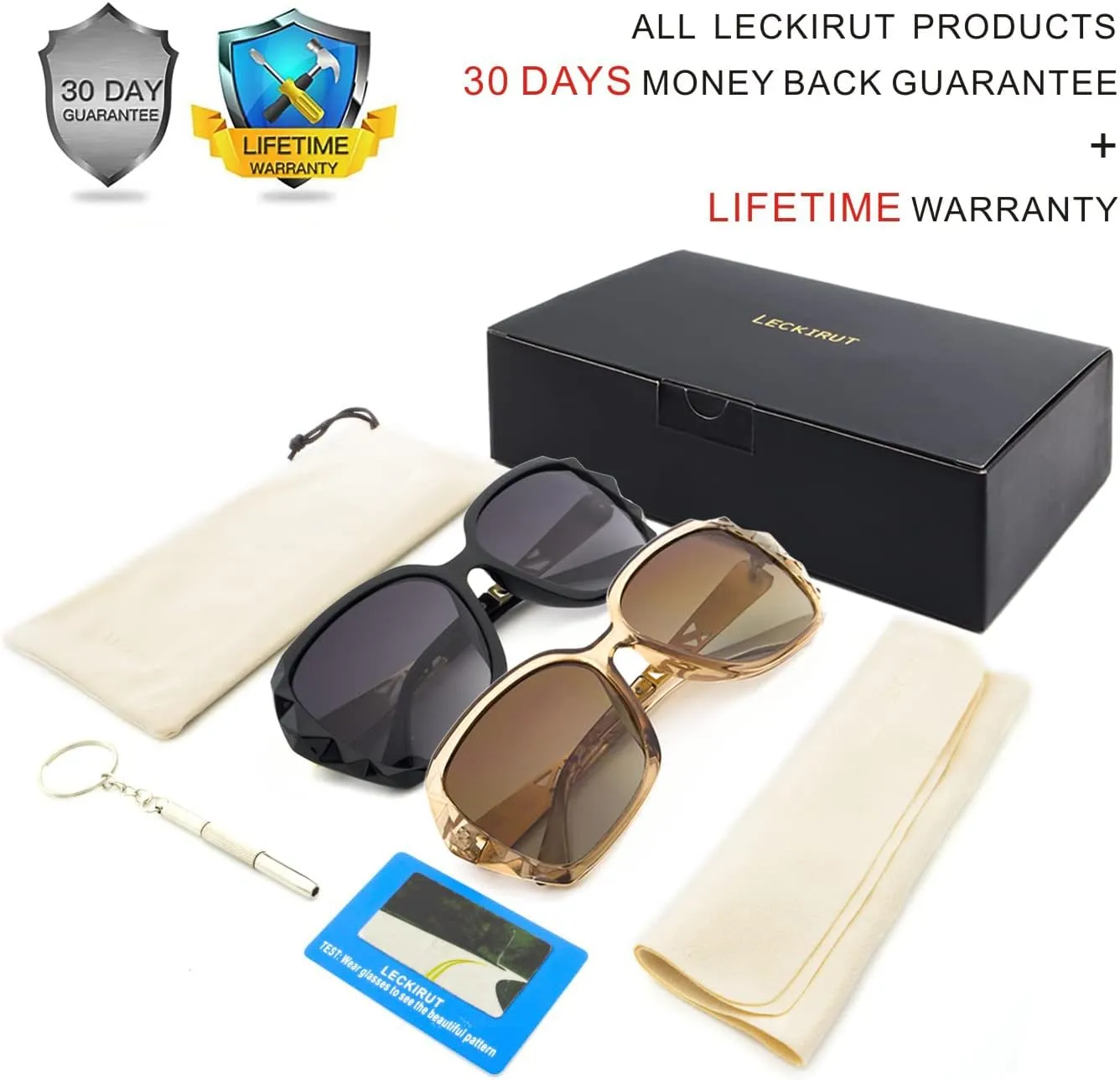 LECKIRUT Oversized Sunglasses for Women Polarized UV Protection Classic Fashion Ladies Shades Black Frame Gray Lens