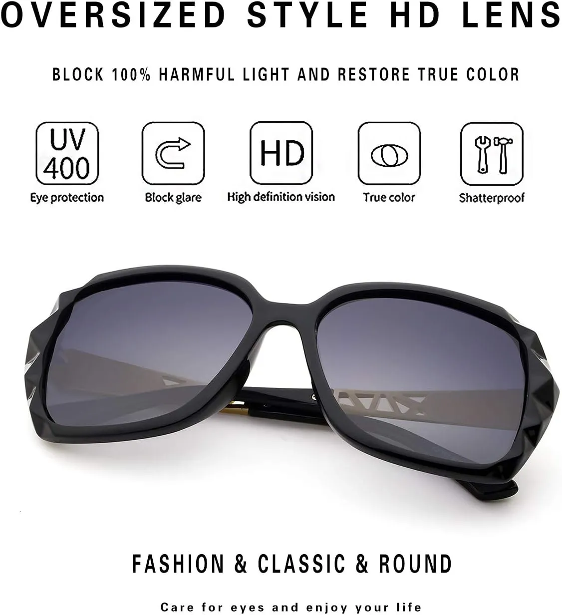 LECKIRUT Oversized Sunglasses for Women Polarized UV Protection Classic Fashion Ladies Shades Black Frame Gray Lens