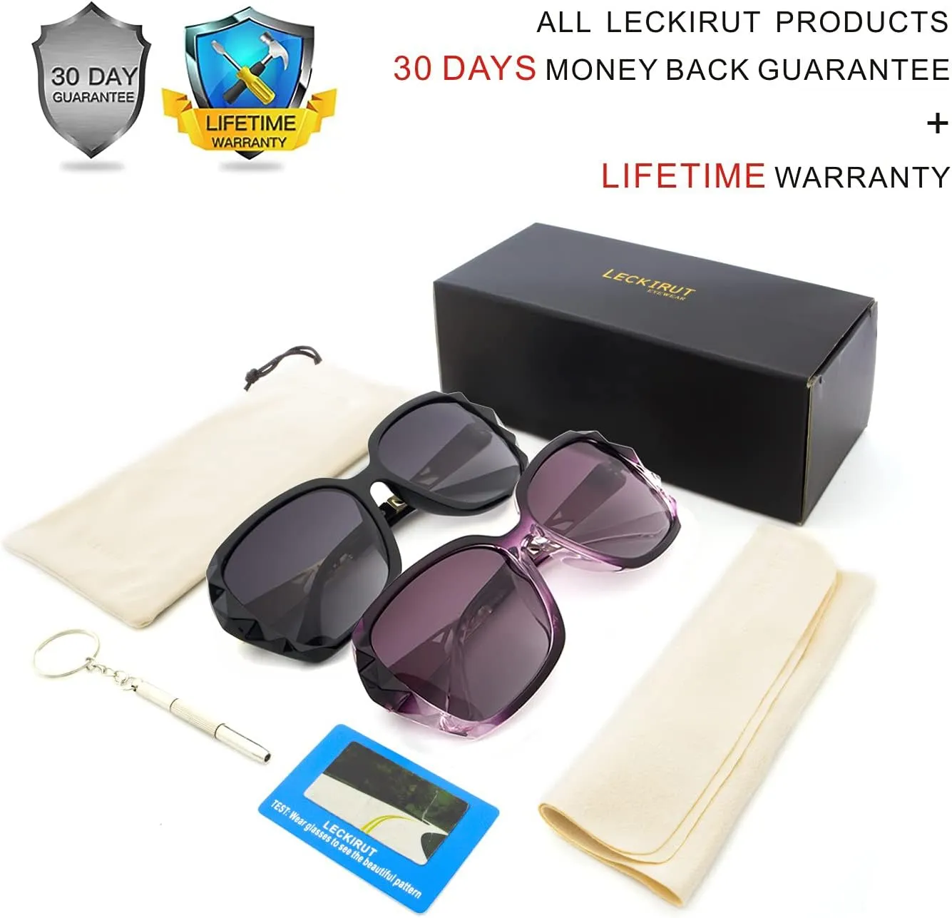 LECKIRUT Oversized Sunglasses for Women Polarized UV Protection Classic Fashion Ladies Shades Black Frame Gray Lens