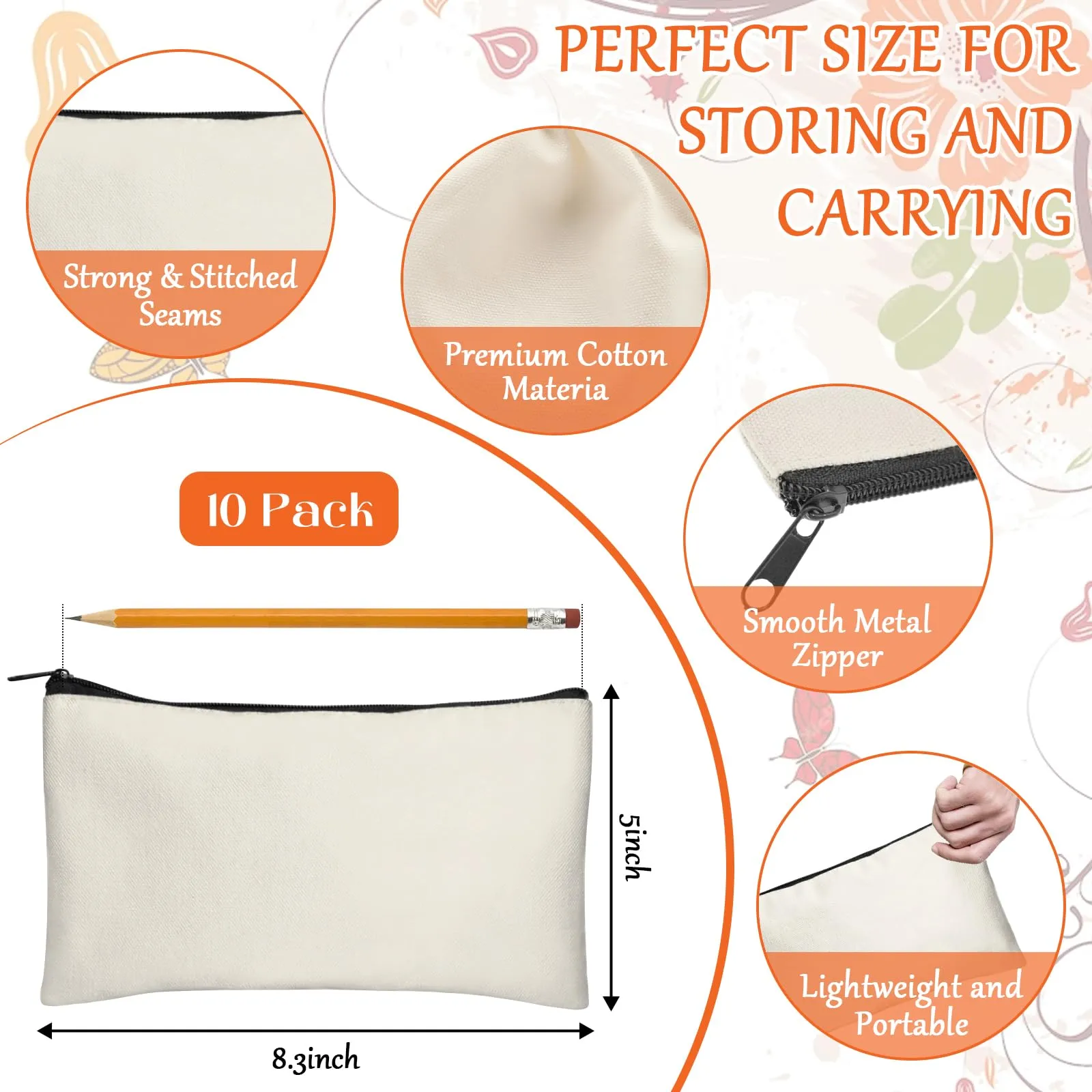 Legigo 10 Pack Blank DIY Craft Case Blank Makeup Bags- Beige Canvas Pencil Pouch Bulk Cosmetic Bag Multi-Purpose Travel Toiletry Zipper Bags (8.3 × 5 Inch)
