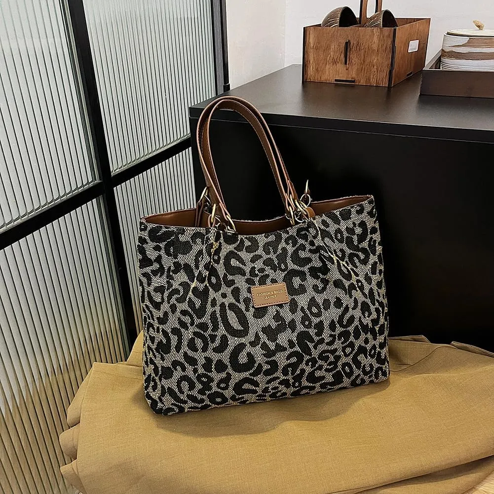 Leopard Tote Bag for Women,Leopard Purse Leopard print Canvas Bag Cheetah Hobo Shoulder Large Capacity Work Tote Bag
