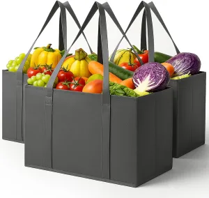 Lifewit Reusable Grocery Bags 3 Packs, Heavy Duty Foldable Shopping Bags with Reinforced Handles, Large Standing Tote Bags Stay Open, Waterproof Carry Box Bag for Kitchen, Car Trunk, Grey