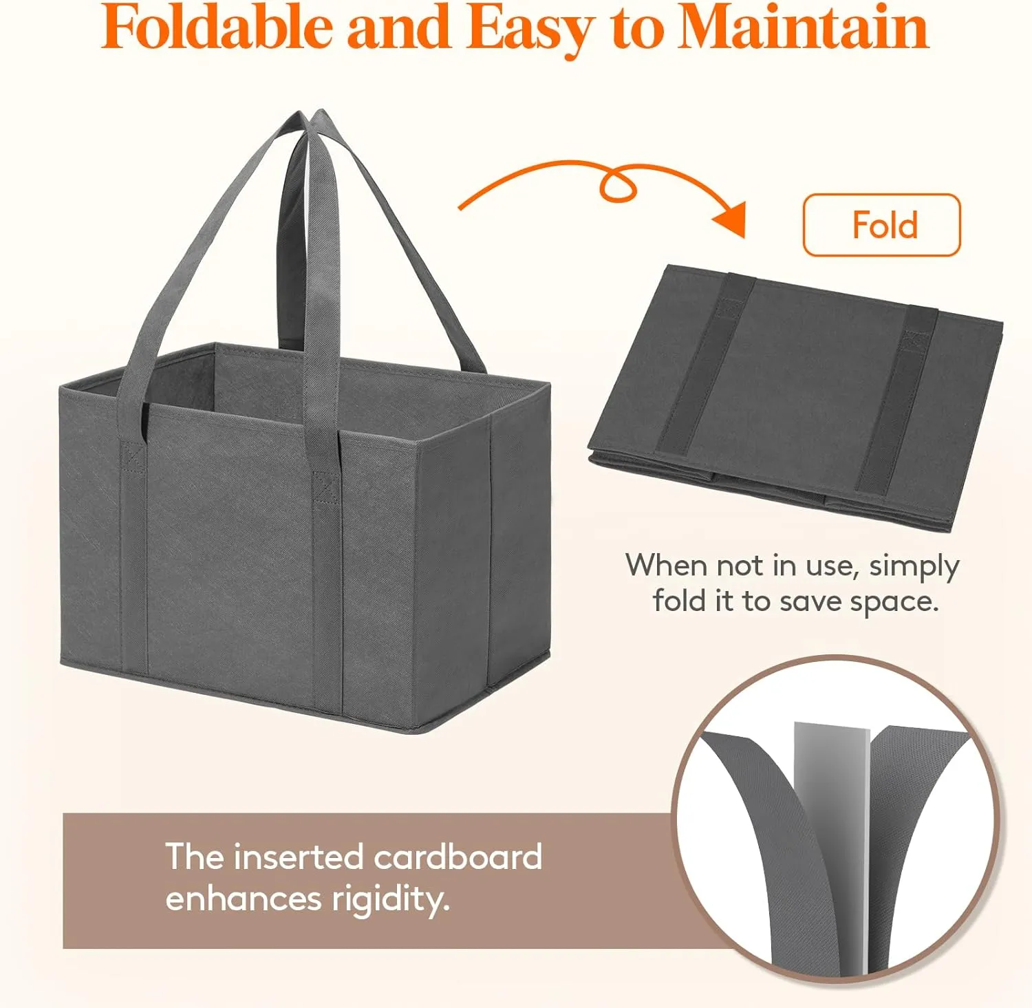 Lifewit Reusable Grocery Bags 3 Packs, Heavy Duty Foldable Shopping Bags with Reinforced Handles, Large Standing Tote Bags Stay Open, Waterproof Carry Box Bag for Kitchen, Car Trunk, Grey