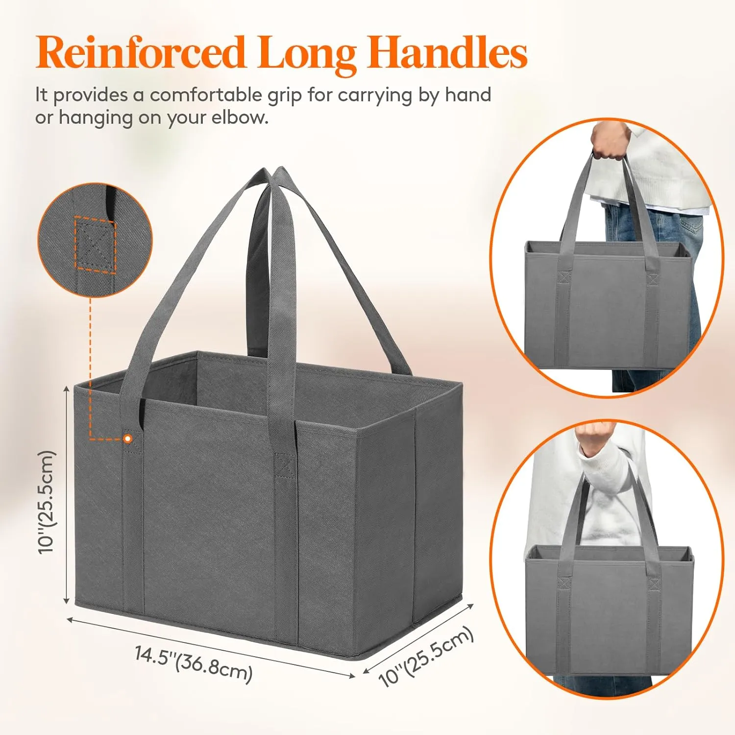 Lifewit Reusable Grocery Bags 3 Packs, Heavy Duty Foldable Shopping Bags with Reinforced Handles, Large Standing Tote Bags Stay Open, Waterproof Carry Box Bag for Kitchen, Car Trunk, Grey