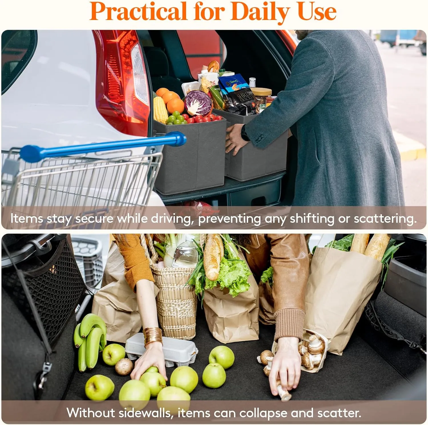 Lifewit Reusable Grocery Bags 3 Packs, Heavy Duty Foldable Shopping Bags with Reinforced Handles, Large Standing Tote Bags Stay Open, Waterproof Carry Box Bag for Kitchen, Car Trunk, Grey