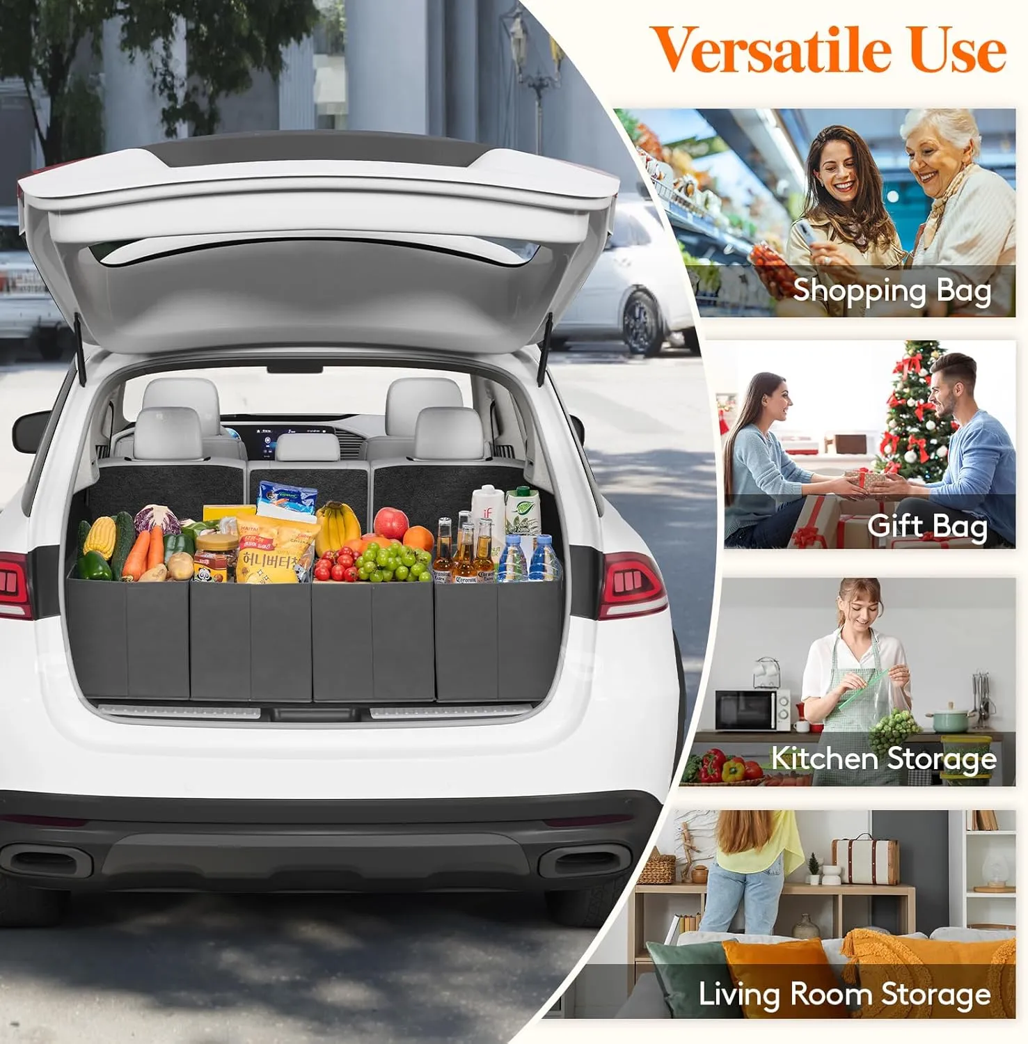 Lifewit Reusable Grocery Bags 3 Packs, Heavy Duty Foldable Shopping Bags with Reinforced Handles, Large Standing Tote Bags Stay Open, Waterproof Carry Box Bag for Kitchen, Car Trunk, Grey