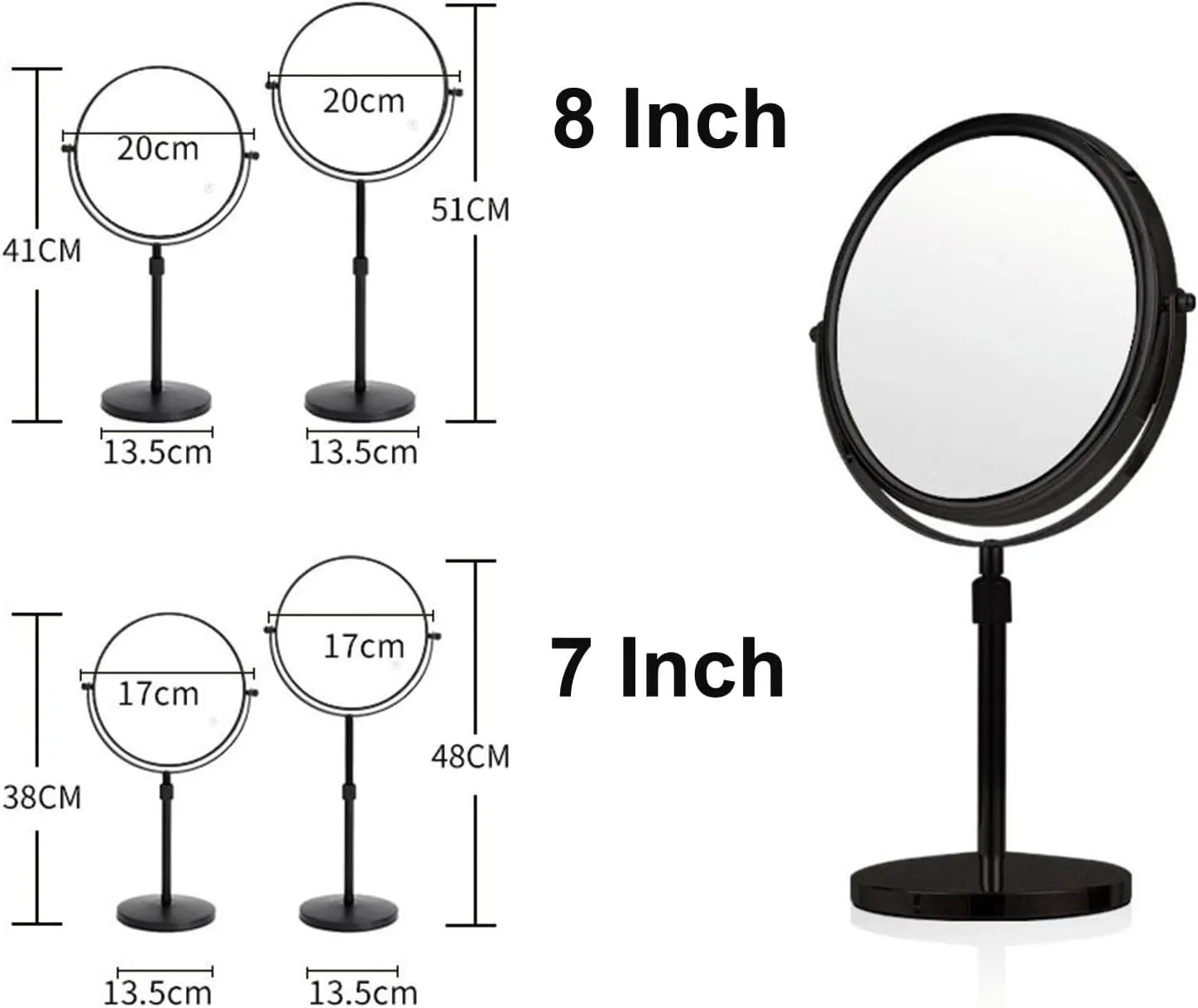 Liftable Tabletop Rotation Makeup Mirror, Flat 1X and 3X Magnification Cosmetic Mirror, Removable Standing HD Shaving Mirror, Beauty Vanity Mirror for Countertop,Black,8 Inch