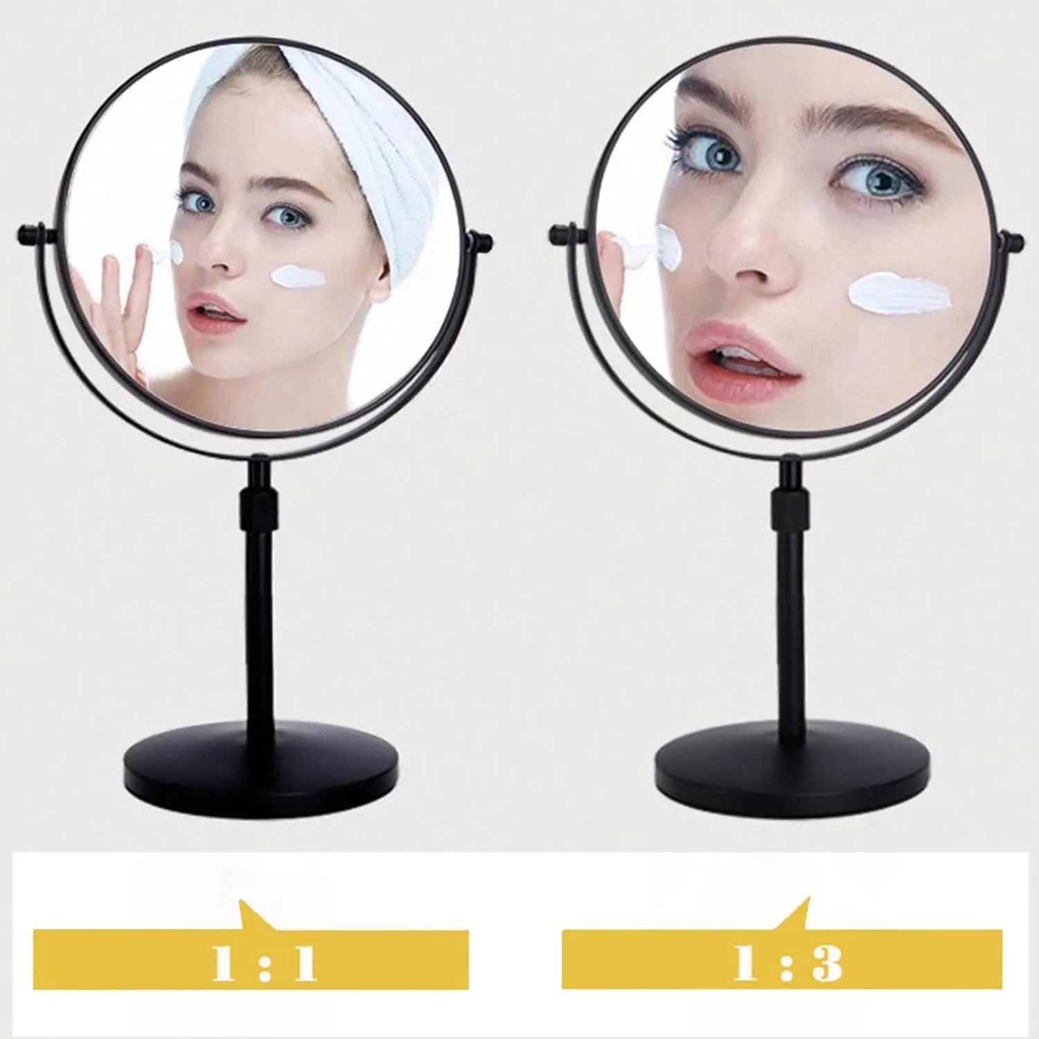 Liftable Tabletop Rotation Makeup Mirror, Flat 1X and 3X Magnification Cosmetic Mirror, Removable Standing HD Shaving Mirror, Beauty Vanity Mirror for Countertop,Black,8 Inch