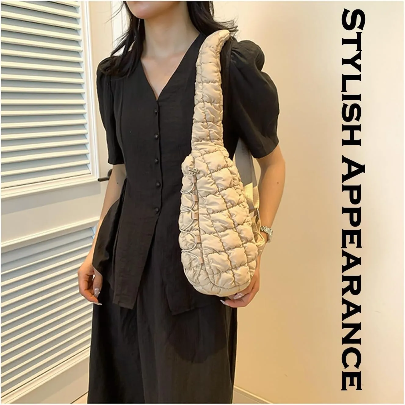 Lightweight Quilted Crossbody Bag for Women, Nylon Sling Bag, Puffy Fanny Pack for Running, Traveling, Hiking, Sports (khaki)