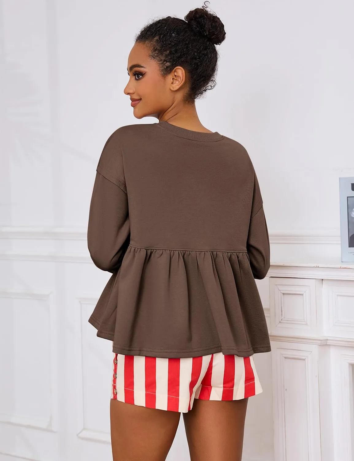 Livtany Women's Cute Babydoll Sweatshirt Crew Neck Long Sleeve Drop Shoulder Pullover Tops Trendy Flowy Peplum Hem Shirt