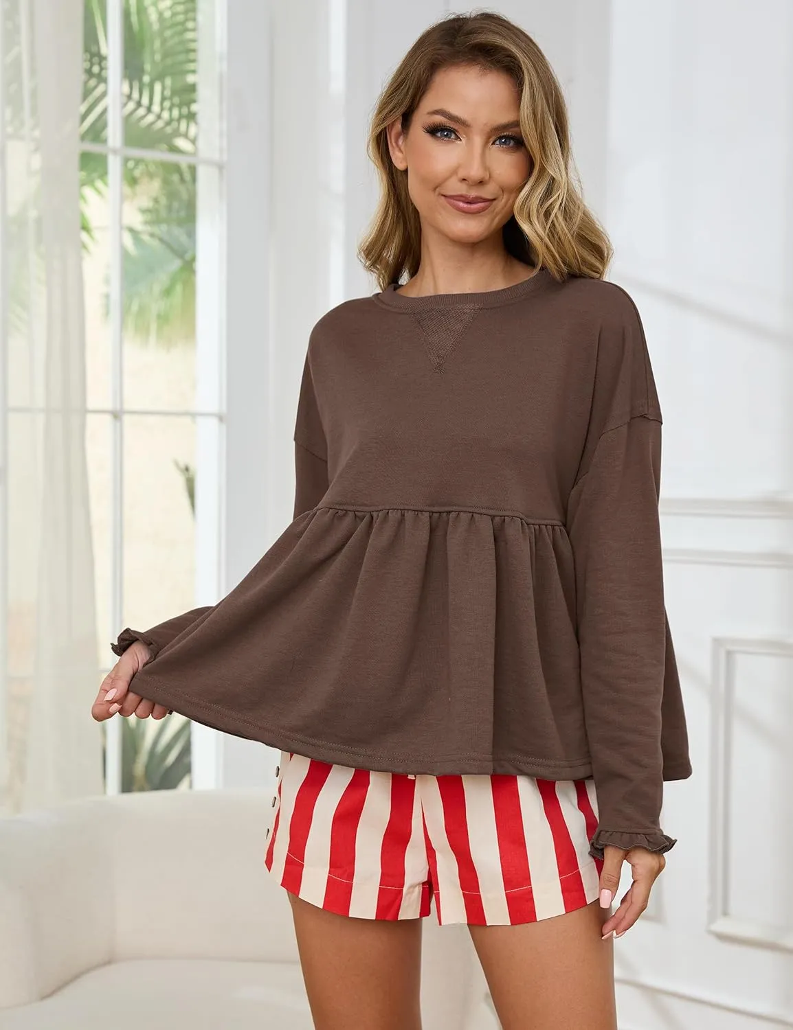 Livtany Women's Cute Babydoll Sweatshirt Crew Neck Long Sleeve Drop Shoulder Pullover Tops Trendy Flowy Peplum Hem Shirt