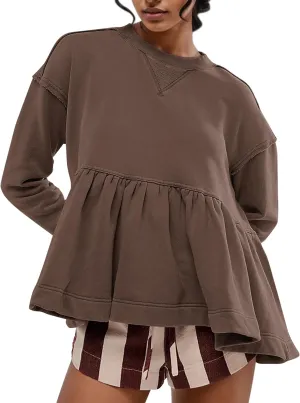 Livtany Women's Cute Babydoll Sweatshirt Crew Neck Long Sleeve Drop Shoulder Pullover Tops Trendy Flowy Peplum Hem Shirt