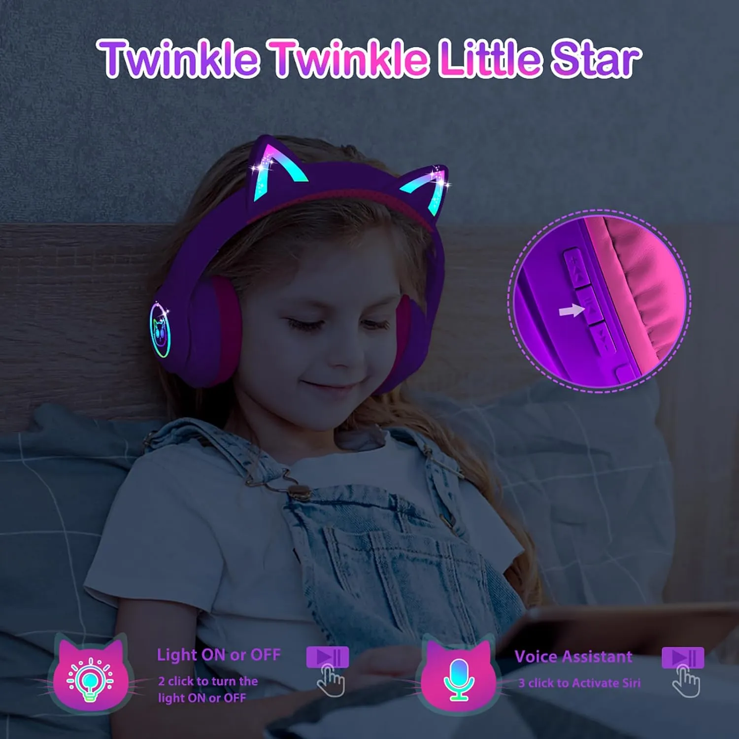 LOBKIN Bluetooth 5.4 Kids Headphones with Case - RGB LED Light Up Cat Ears Foldable Adjustable Over Ear Headphone Support Wireless or 3.5mm Wired Mode for Toddler & Girls & Boys Teens