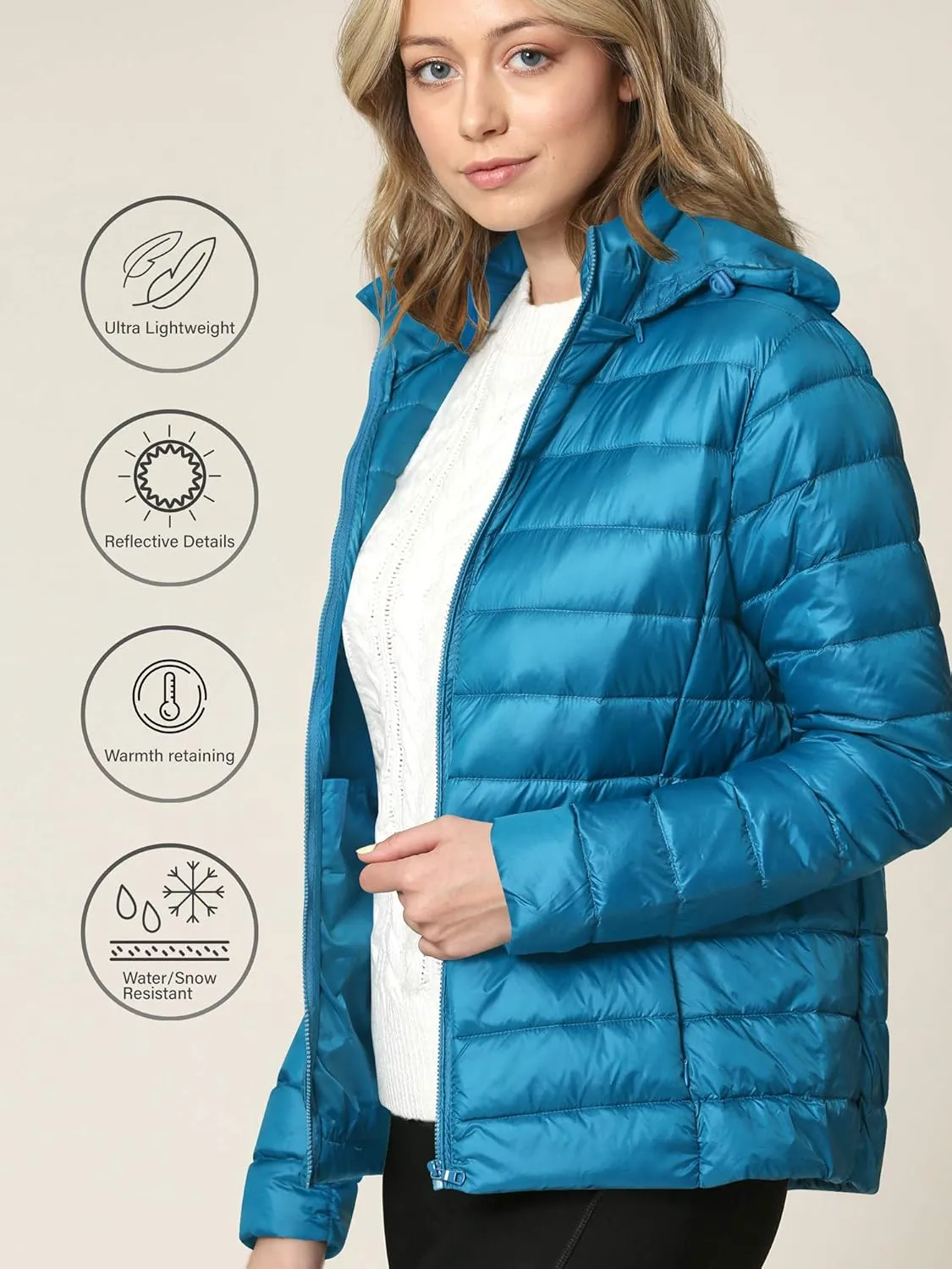 Lock and Love Women's Ultra Light Weight Packable Down Jacket with Removable Hoodie