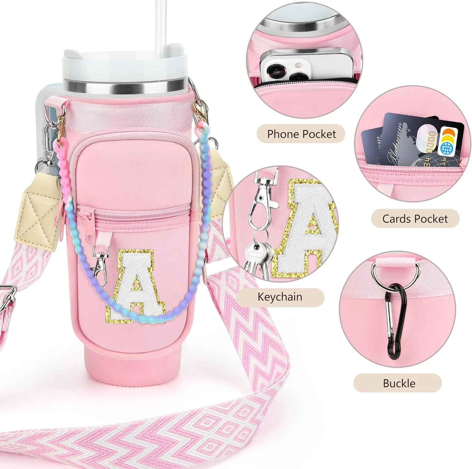 LOKASS Initial Water Bottle Holder with Strap for Stanley 40oz Tumbler Accessories, A-Z Personalized Water Bottle Carrier Bag with Phone Pocket for Stanley Cup Pouch