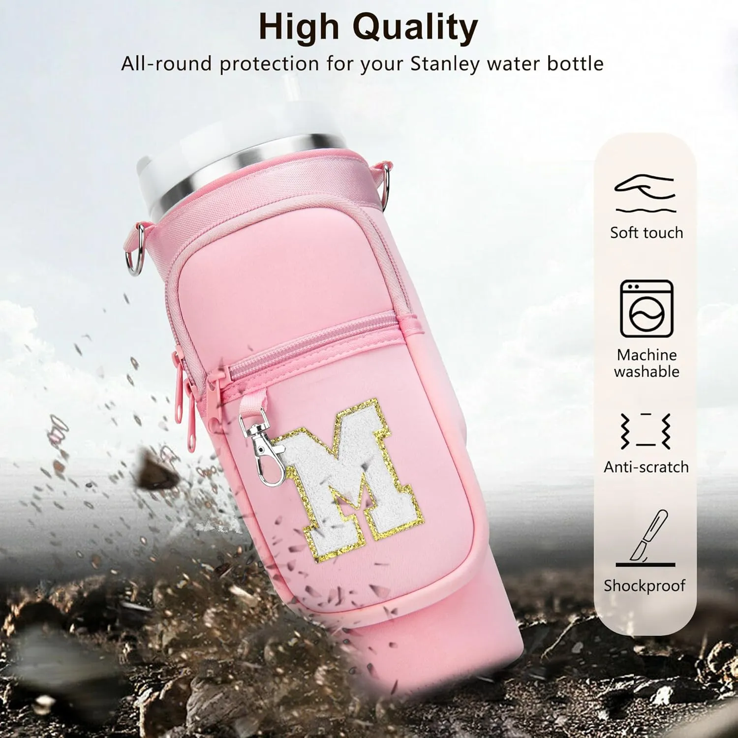 LOKASS Initial Water Bottle Holder with Strap for Stanley 40oz Tumbler Accessories, A-Z Personalized Water Bottle Carrier Bag with Phone Pocket for Stanley Cup Pouch