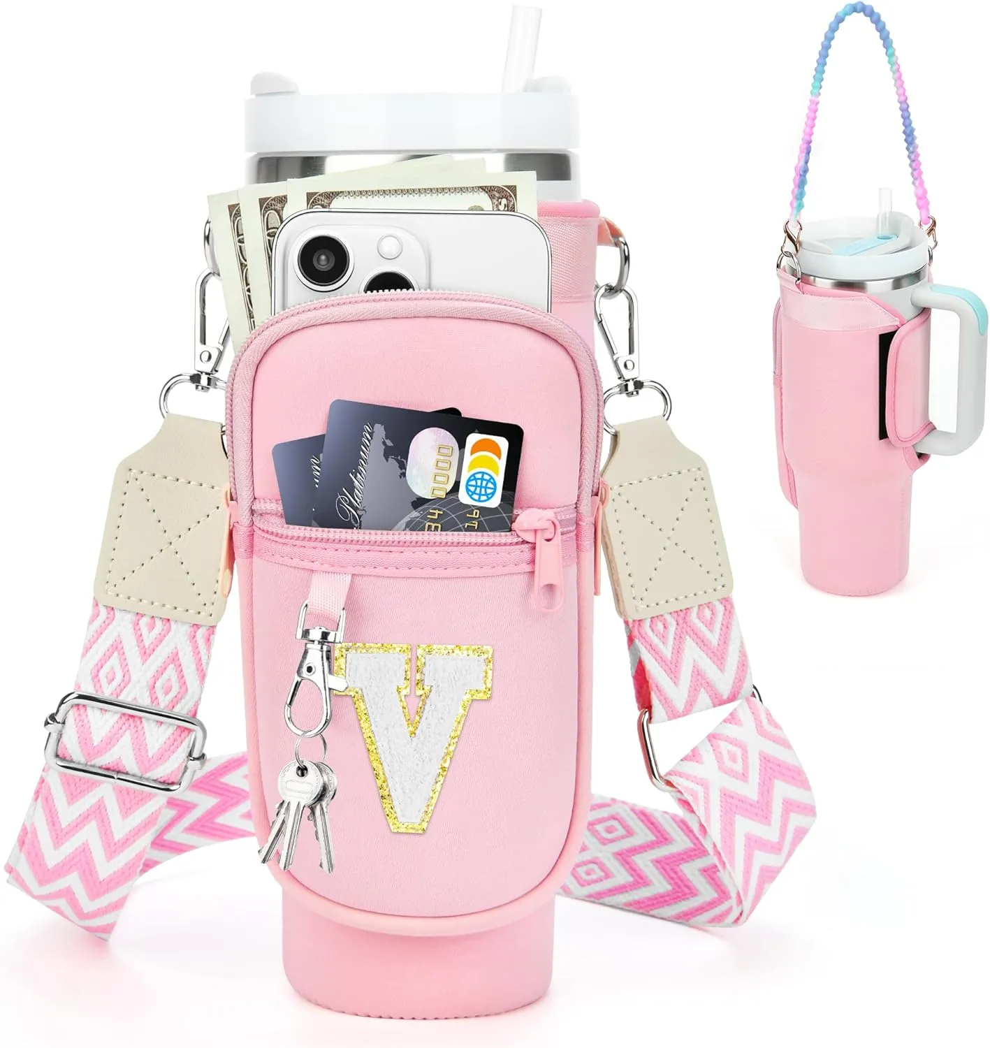 LOKASS Initial Water Bottle Holder with Strap for Stanley 40oz Tumbler Accessories, A-Z Personalized Water Bottle Carrier Bag with Phone Pocket for Stanley Cup Pouch
