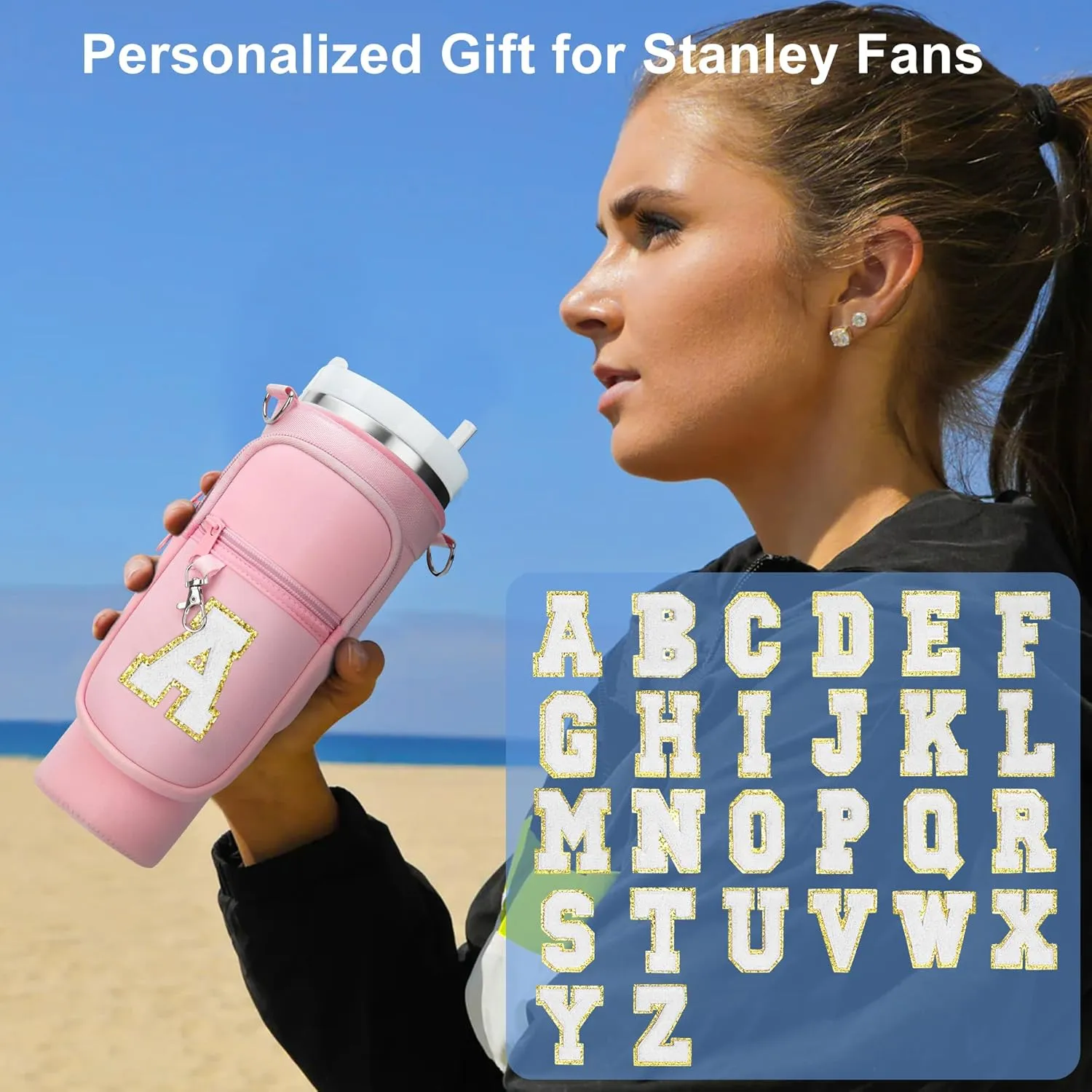 LOKASS Initial Water Bottle Holder with Strap for Stanley 40oz Tumbler Accessories, A-Z Personalized Water Bottle Carrier Bag with Phone Pocket for Stanley Cup Pouch