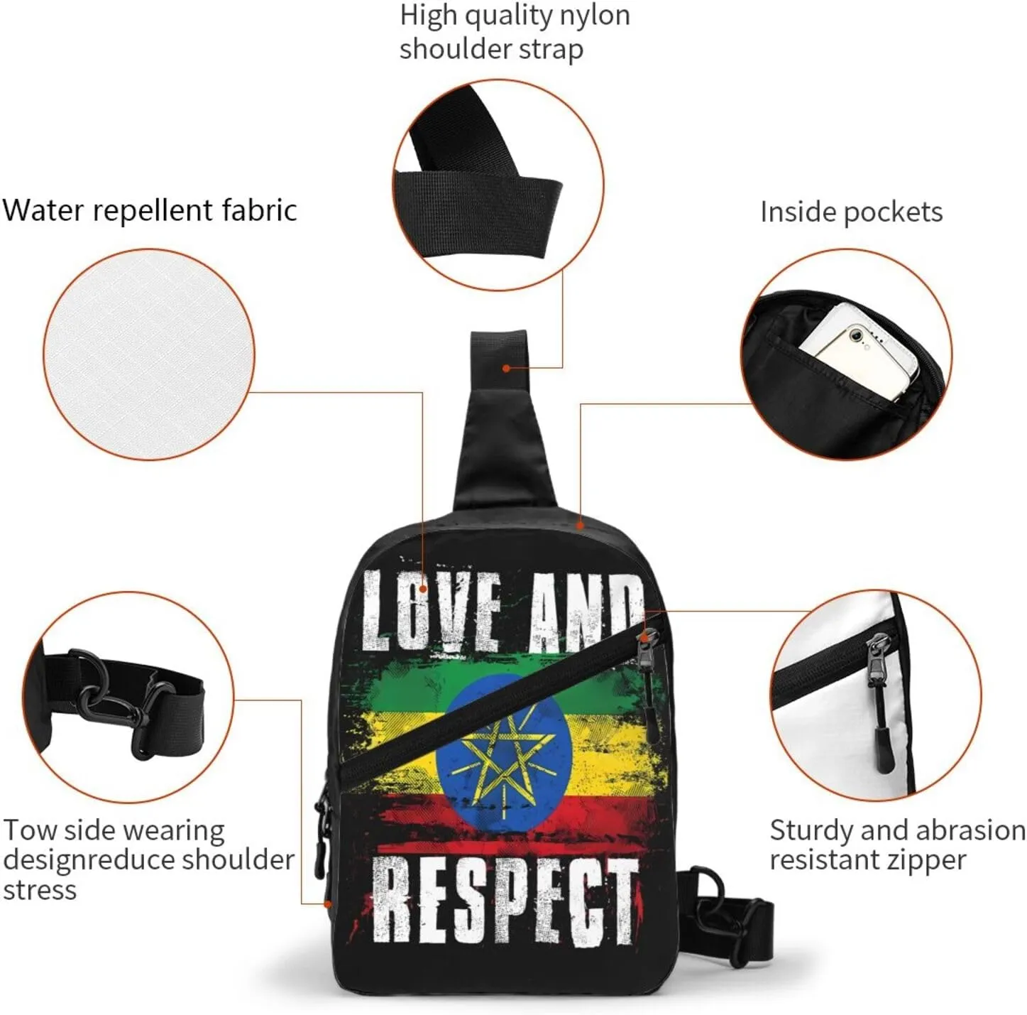 Love and Respect Ethiopia Flag Ethiopian Pride Portable Crossbody Bag Foldable Sling Bags Sports Gym Chest Daypack Reusable Shoulder Backpack Casual Diagonally Rucksack Fanny Packs