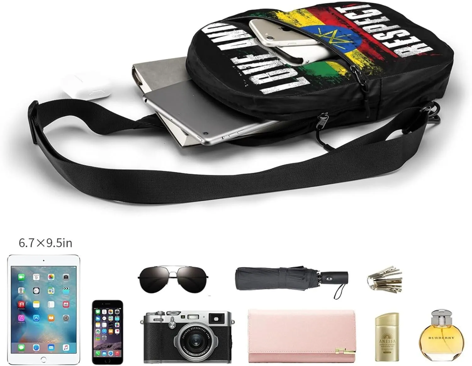 Love and Respect Ethiopia Flag Ethiopian Pride Portable Crossbody Bag Foldable Sling Bags Sports Gym Chest Daypack Reusable Shoulder Backpack Casual Diagonally Rucksack Fanny Packs
