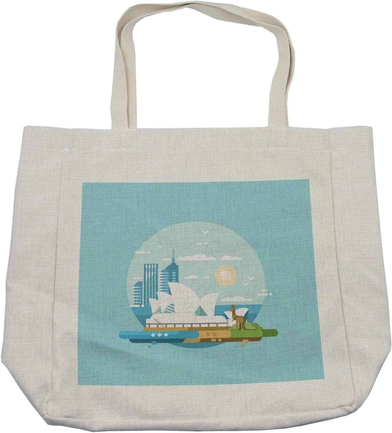 Lunarable Australia Shopping Bag, Modernistic Landmarks Doodle of Sydney City Famous Opera House and Kangaroo, Eco-Friendly Reusable Bag for Groceries Beach and More, 15.5" X 14.5", Cream