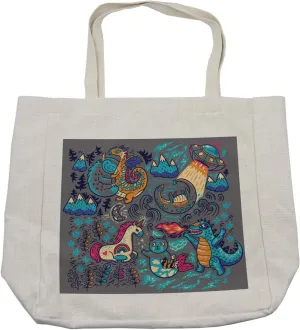 Lunarable Cartoon Shopping Bag, Creature Appearances of Dinosaurs Unicorns with Details Theme Extinct Animals, Eco-Friendly Reusable Bag for Groceries Beach and More, 15.5" X 14.5", Multicolor
