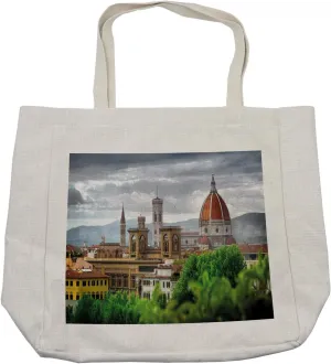 Lunarable Florence Shopping Bag, Panoramic Photo of European Architecture with Overcast Weather and Grey Clouds, Eco-Friendly Reusable Bag for Groceries Beach and More, 15.5" X 14.5", Cream