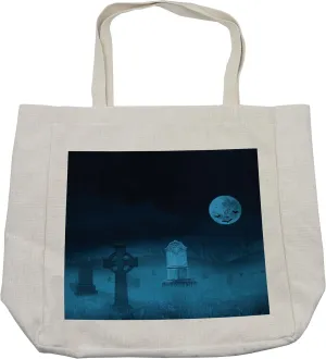 Lunarable Gothic Shopping Bag, Ghostly Graveyard Illustration Horror Halloween Dead Danger Theme Full Moon Bat Mystery, Eco-Friendly Reusable Bag for Groceries Beach and More, 15.5" X 14.5", Cream