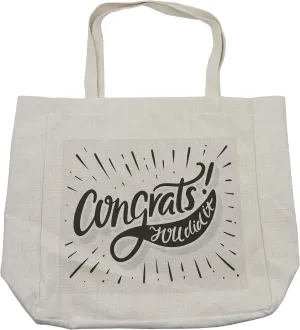 Lunarable Graduation Shopping Bag, Retro Congrats You Did It Phrase Greeting Admiration Tribute Message, Eco-Friendly Reusable Bag for Groceries Beach and More, 15.5" X 14.5", Cream