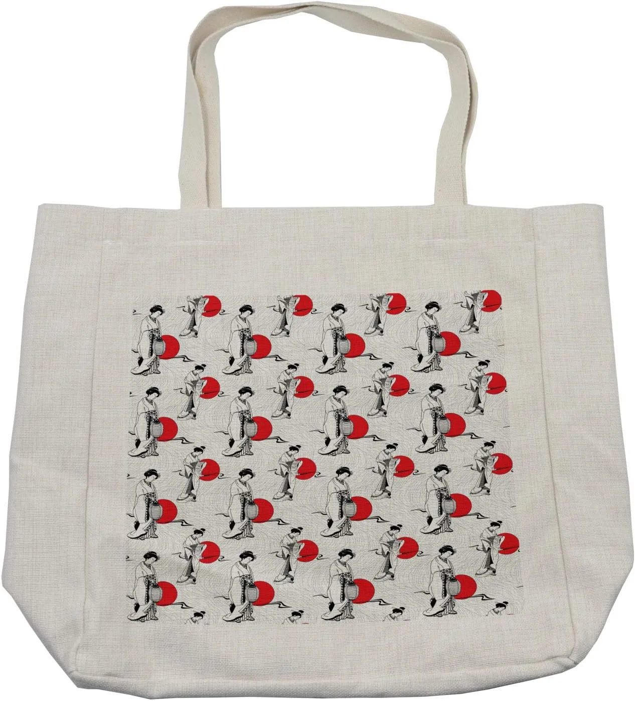 Lunarable Japan Shopping Bag, Cultural Pattern with Geisha Woman in Kimono Costume on Abstract Wavy Backdrop, Eco-Friendly Reusable Bag for Groceries Beach and More, 15.5" X 14.5", Cream