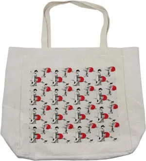 Lunarable Japan Shopping Bag, Cultural Pattern with Geisha Woman in Kimono Costume on Abstract Wavy Backdrop, Eco-Friendly Reusable Bag for Groceries Beach and More, 15.5" X 14.5", Cream