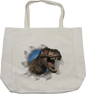 Lunarable Jurassic Shopping Bag, Tyrannosaurus Rex Pokes Head Through Paper Wall Dinosaurs Extinct Large, Eco-Friendly Reusable Bag for Groceries Beach and More, 15.5" X 14.5", Cream
