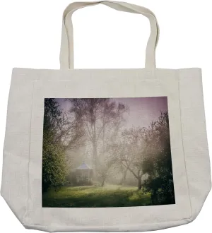 Lunarable Landscape Shopping Bag, Pavilion in Moody Garden with Trees Misty Weather Foggy Nature Image, Eco-Friendly Reusable Bag for Groceries Beach and More, 15.5" X 14.5", Mauve Green White