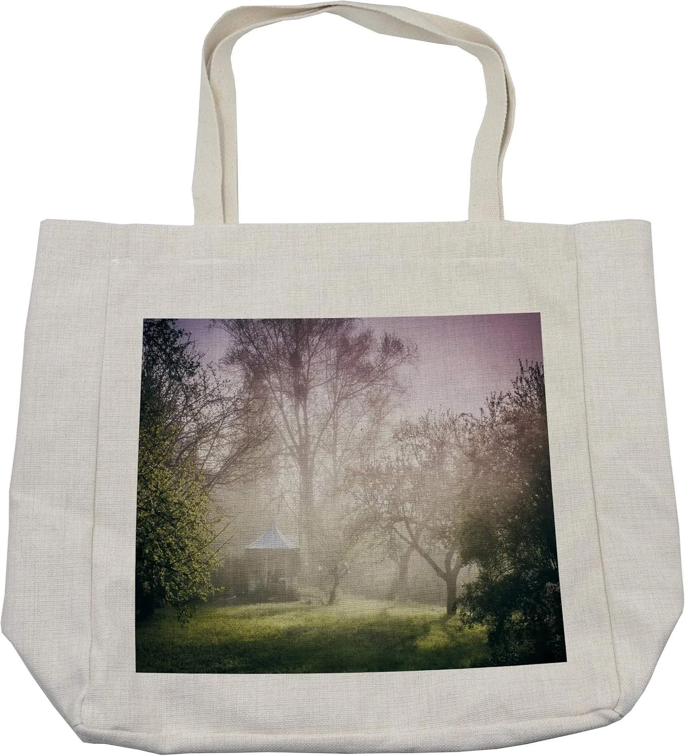 Lunarable Landscape Shopping Bag, Pavilion in Moody Garden with Trees Misty Weather Foggy Nature Image, Eco-Friendly Reusable Bag for Groceries Beach and More, 15.5" X 14.5", Mauve Green White