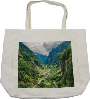 Lunarable Landscape Shopping Bag, Valley Mountain Tree Mist Waterfall Canyon Alpine Landscape Nature Theme, Eco-Friendly Reusable Bag for Groceries Beach and More, 15.5" X 14.5", Cream