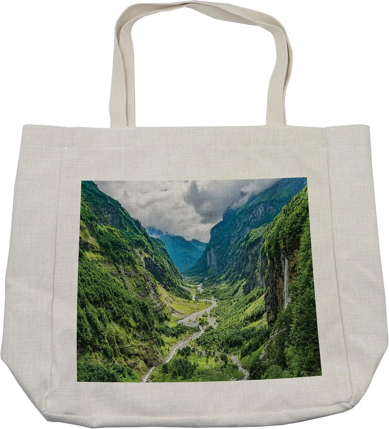 Lunarable Landscape Shopping Bag, Valley Mountain Tree Mist Waterfall Canyon Alpine Landscape Nature Theme, Eco-Friendly Reusable Bag for Groceries Beach and More, 15.5" X 14.5", Cream