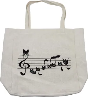 Lunarable Music Shopping Bag, Notes Kittens Kitty Cat Art Notation Tune Halloween Monochrome, Eco-Friendly Reusable Bag for Groceries Beach and More, 15.5" X 14.5", Black White