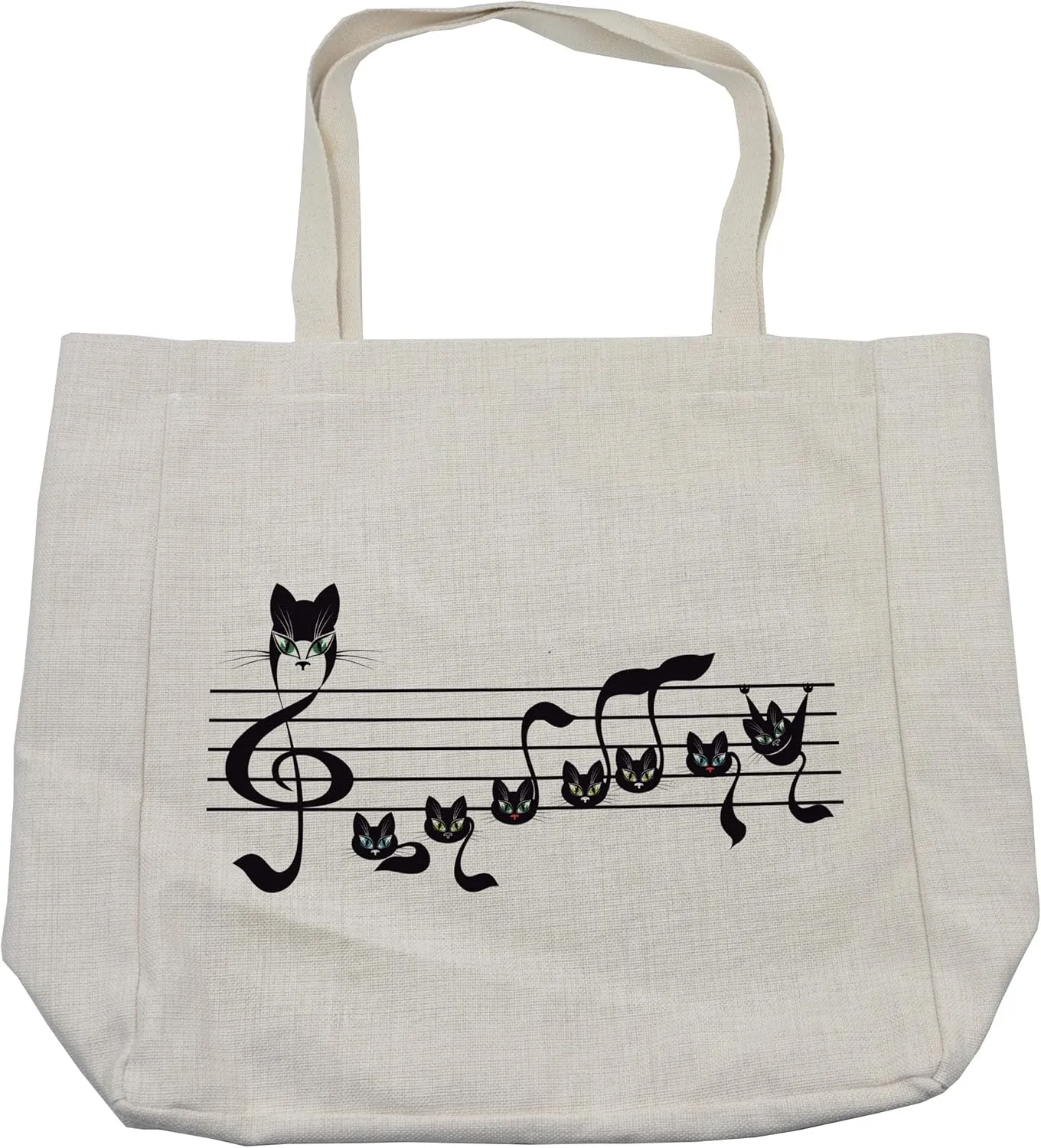 Lunarable Music Shopping Bag, Notes Kittens Kitty Cat Art Notation Tune Halloween Monochrome, Eco-Friendly Reusable Bag for Groceries Beach and More, 15.5" X 14.5", Black White