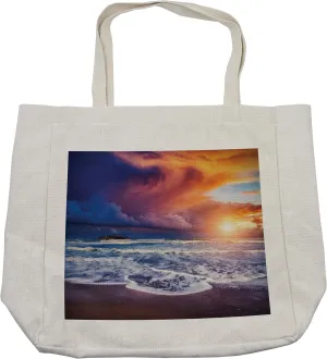 Lunarable Ocean Shopping Bag, Beach with Waves and Stormy Overcast Sky Horizon Mediterranean Scenery, Eco-Friendly Reusable Bag for Groceries Beach and More, 15.5" X 14.5", Cream