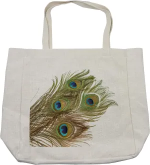 Lunarable Peacock Shopping Bag, Macro Peacock Tail Feather Like Third Eyes Vitality New Life Path Awakening Print, Eco-Friendly Reusable Bag for Groceries Beach and More, 15.5" X 14.5", Cream