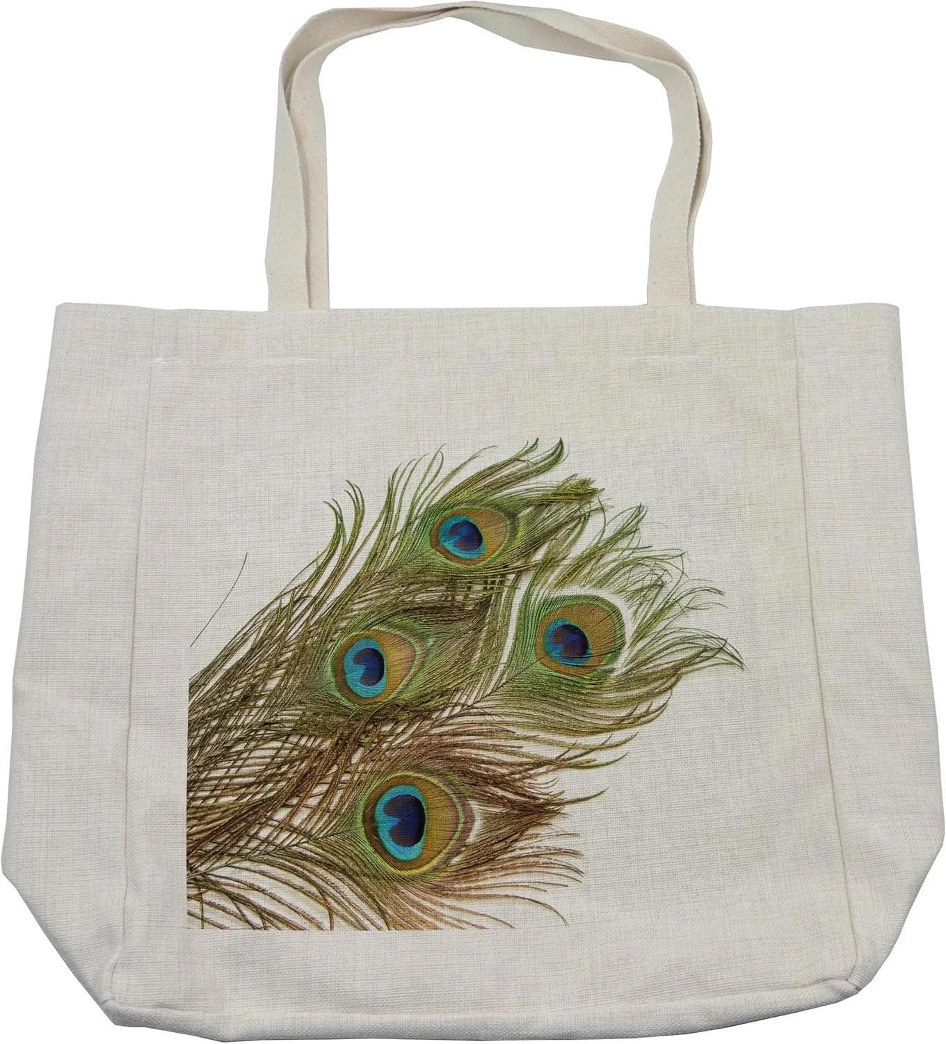 Lunarable Peacock Shopping Bag, Macro Peacock Tail Feather Like Third Eyes Vitality New Life Path Awakening Print, Eco-Friendly Reusable Bag for Groceries Beach and More, 15.5" X 14.5", Cream