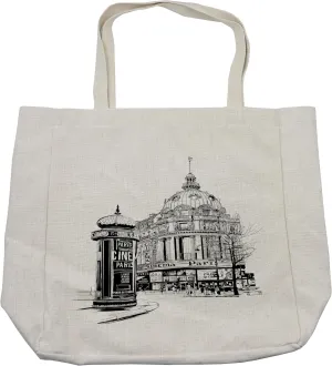 Lunarable Sketchy Shopping Bag, Parisian Streets View at Grand Boulevard Avenue Culture Spot Europe Charm Concept, Eco-Friendly Reusable Bag for Groceries Beach and More, 15.5" X 14.5", Cream