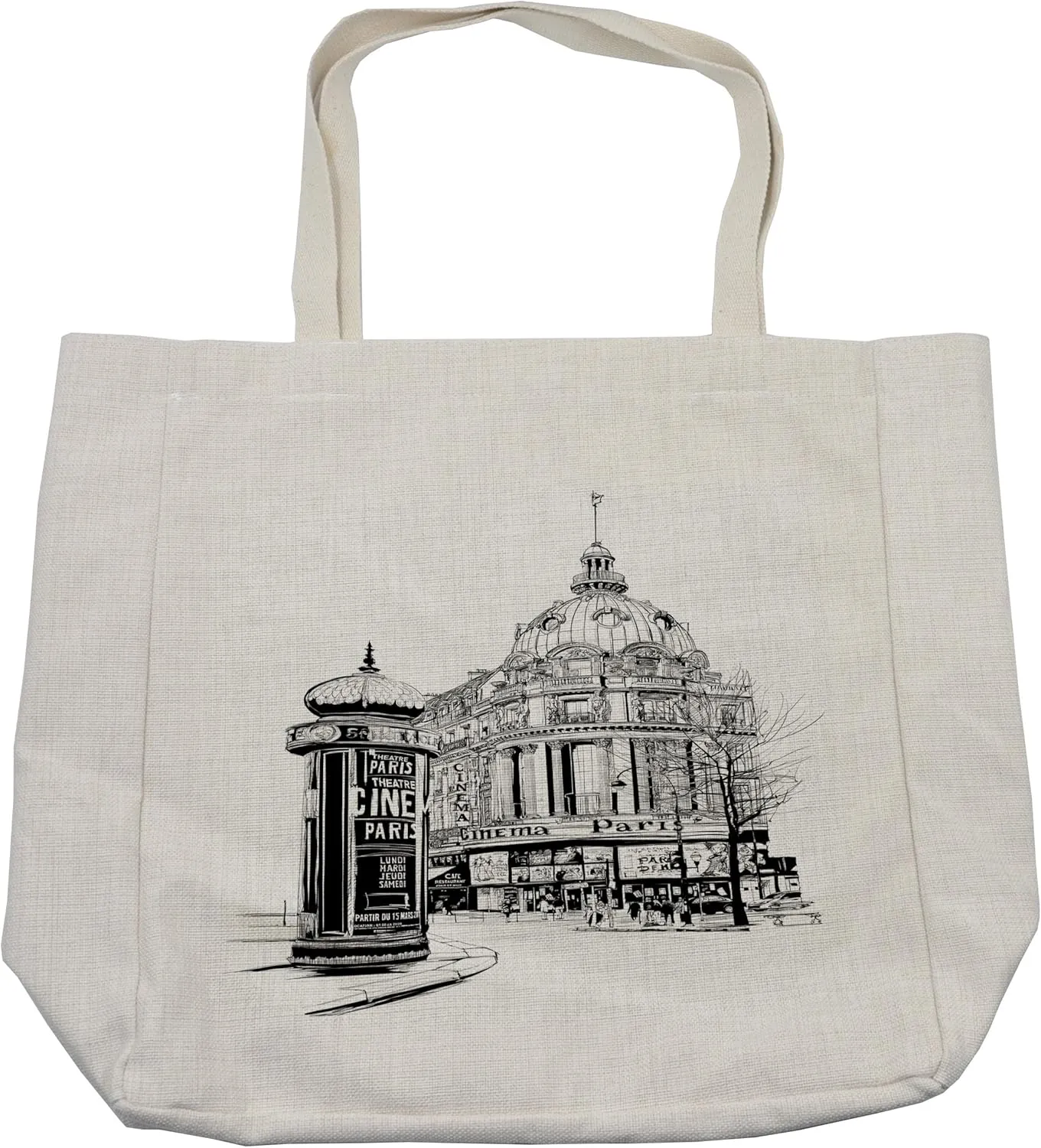 Lunarable Sketchy Shopping Bag, Parisian Streets View at Grand Boulevard Avenue Culture Spot Europe Charm Concept, Eco-Friendly Reusable Bag for Groceries Beach and More, 15.5" X 14.5", Cream