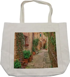 Lunarable Tuscan Shopping Bag, Greenery Botanical Medieval Walls Nature Old Town Settlement Alley Dreamy Aisle, Eco-Friendly Reusable Bag for Groceries Beach and More, 15.5" X 14.5", Cream