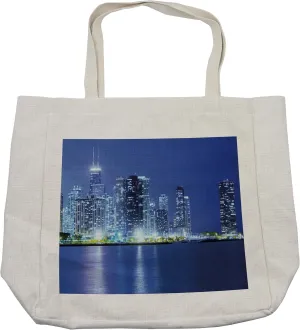Lunarable Urban Shopping Bag, Chicago City Night Financial District Skyscrapers Buildings Downtown Panorama, Eco-Friendly Reusable Bag for Groceries Beach and More, 15.5" X 14.5", Cream