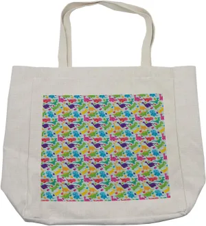 Lunarable Velociraptor Shopping Bag, Prehistoric Abstract Colorful Dinosaurs and Eggs Repetition, Eco-Friendly Reusable Bag for Groceries Beach and More, 15.5" X 14.5", Cream