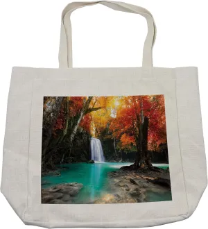 Lunarable Waterfall Shopping Bag, Deep Forest and Waterfall Runoff Autumn Fall Seasonal Forest Print, Eco-Friendly Reusable Bag for Groceries Beach and More, 15.5" X 14.5", Cream
