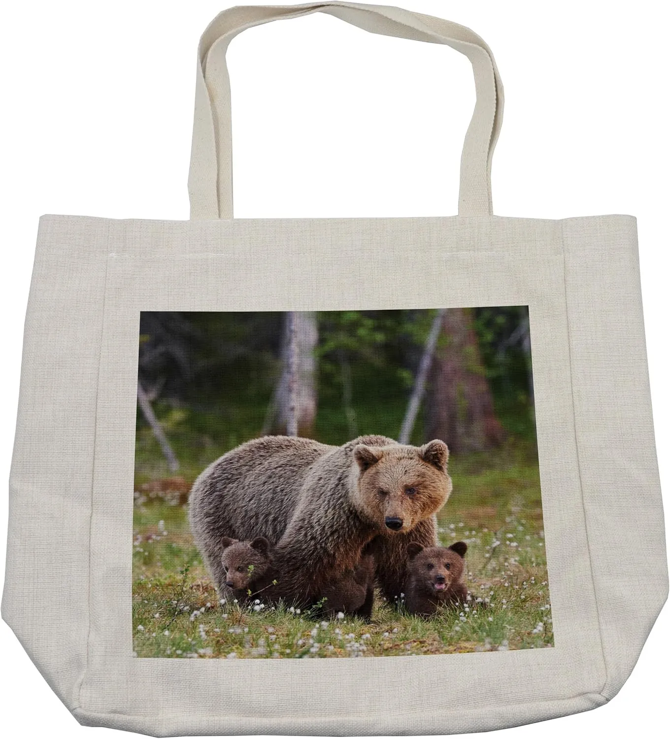 Lunarable Wilderness Shopping Bag, Mother Bear Protecting Her Cubs in Finnish Forest Nordic Picture Art, Eco-Friendly Reusable Bag for Groceries Beach and More, 15.5" X 14.5", Cream