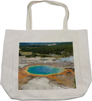 Lunarable Yellowstone Shopping Bag, Grand Prismatic Spring in Wyoming USA Geology Thermal Steam Geyser Photo, Eco-Friendly Reusable Bag for Groceries Beach and More, 15.5" X 14.5", Cream